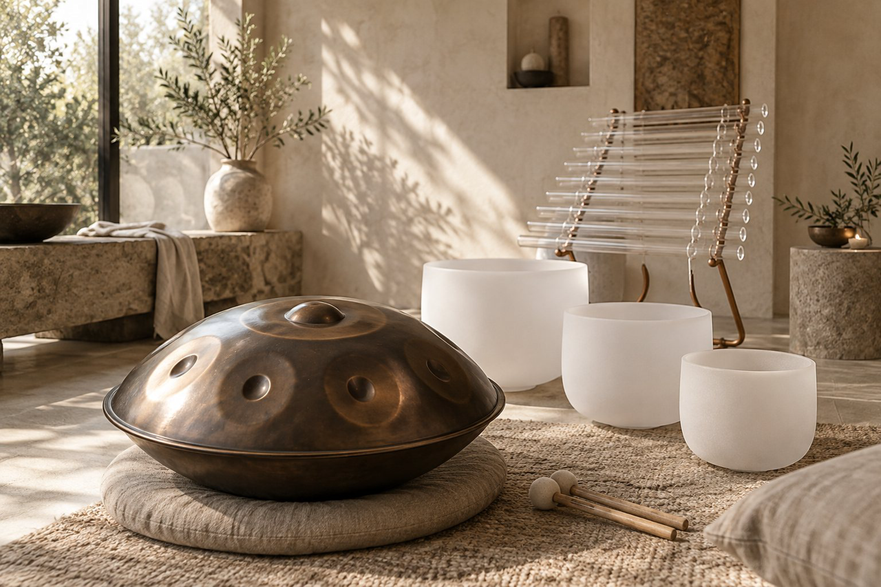 Bronze handpan with quartz singing bowls and a crystal harp